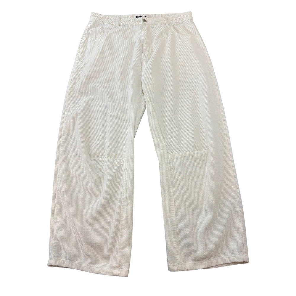 Roucha Diane Ecru Corduroy Pants Relaxed Straight Leg Minimalist Workwear Chic